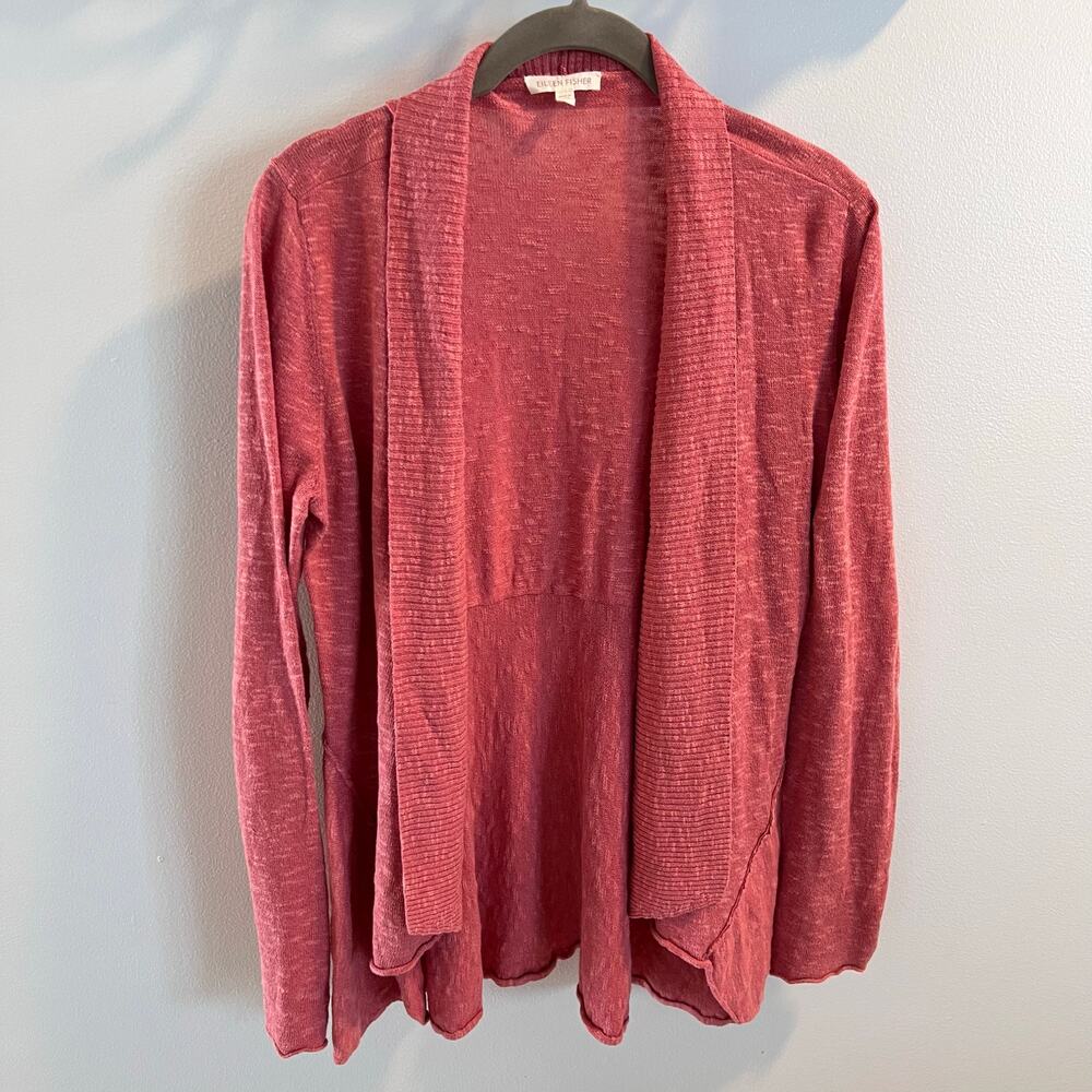 Eileen Fisher Coral Pink Open Front Linen Blend Cardigan Size S